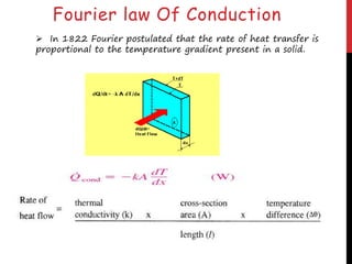 Fourier law Of Conduction
 In 1822 Fourier postulated that the rate of heat transfer is
proportional to the temperature gradient present in a solid.
 