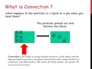 What is Convection ?
What happens to the particles in a liquid or a gas when you
heat them?
The particles spread out and
become less dense.
convection heat transfer
 