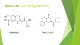 QUINOLINES AND ISOQUINOLINES
OXAMNIQUINE PRAZIQUENTEL
 