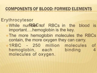 Erythrocytesor
RBCs
While number of RBCs in the blood is
important….hemoglobin is the key.
The more hemoglobin molecules the RBCs
contain, the more oxygen they can carry.
1RBC - 250 million molecules of
hemoglobin, each binding 4
molecules of oxygen.
 