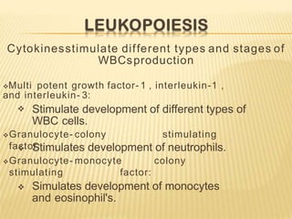 Cytokinesstimulate different types and stages of
WBCsproduction
Multi potent growth factor- 1 , interleukin-1 ,
and interleukin- 3:
 Stimulate development of different types of
WBC cells.
Granulocyte- colony stimulating
factor:
 Stimulates development of neutrophils.
Granulocyte- monocyte colony
stimulating factor:
 Simulates development of monocytes
and eosinophil's.
 