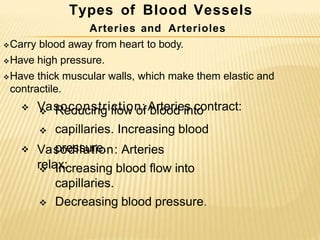 Types of Blood Vessels
Arteries and Arterioles
Carry blood away from heart to body.
Have high pressure.
Have thick muscular walls, which make them elastic and
contractile.
 Vasoconstriction: Arteries contract:

 Reducing flow of blood into
capillaries. Increasing blood
pressure.
 Vasodilation: Arteries
relax:
 Increasing blood flow into
capillaries.
 Decreasing blood pressure.
 