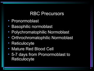 RBC Precursors
• Pronormoblast
• Basophilic normoblast
• Polychromatophilic Normoblast
• Orthrochromatophilic Normoblast
• Reticulocyte
• Mature Red Blood Cell
• 5-7 days from Pronormoblast to
Reticulocyte
 