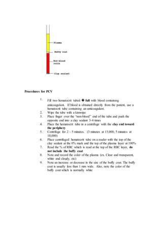 Procedures for PCV 
1. Fill two hematocrit tubed ᪽ full with blood containing 
anticoagulant. If blood is obtained directly from the patient, use a 
hematocrit tube containing an anticoagulant. 
2. Wipe the tube with a kimwipe 
3. Place finger over the “non-blood” end of the tube and push the 
opposite end into a clay sealant 3-4 times 
4. Place the hematocrit tube in a centrifuge with the clay end toward 
the periphery 
5. Centrifuge for 2 – 5 minutes. (3 minutes at 15,000; 5 minutes at 
10,000) 
6. Place centrifuged hematocrit tube on a reader with the top of the 
clay sealant at the 0% mark and the top of the plasma layer at 100% 
7. Read the % of RBC which is read at the top of the RBC layer, do 
not include the buffy coat 
8. Note and record the color of the plasma (ex. Clear and transparent, 
white and cloudy, etc) 
9. Note an increase or decrease in the size of the buffy coat. The buffy 
coat is usually less than 1 mm wide. Also, note the color of the 
buffy coat which is normally white 
 