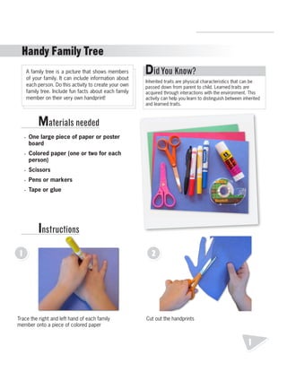 Materials needed 
• One large piece of paper or poster 
board 
• Colored paper (one or two for each 
person) 
• Scissors 
• Pens or markers 
• Tape or glue 
Instructions 
R.V.Raghavendra Rao 
Inherited traits are physical characteristics that can be 
passed down from parent to child. Learned traits are 
acquired through interactions with the environment. This 
activity can help you learn to distinguish between inherited 
and learned traits. 
1 2 
1 
Handy Family Tree 
Trace the right and left hand of each family 
member onto a piece of colored paper 
Cut out the handprints 
A family tree is a picture that shows members 
of your family. It can include information about 
each person. Do this activity to create your own 
family tree. Include fun facts about each family 
member on their very own handprint! 
Did You Know? 
Department of Biology 
 