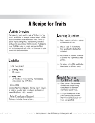 A Recipe for Traits 
Every organism inherits a unique 
combination of traits. 
DNA is a set of instructions 
that specifies the traits of an 
organism. 
Information in the DNA molecule 
is divided into segments (called 
genes). 
Variations in the DNA lead to the 
inheritance of different traits. 
Special Features 
You’ll Find Inside 
Copy masters for preparing 
colored DNA strips having 
fun symbols to represent 
information about traits. 
A dog traits key that allows 
participants to decode their 
DNA recipe and visualize how 
traits are specified. 
Activty Overview 
Participants create and decode a “DNA recipe” for 
man’s best friend to observe how variations in DNA 
lead to the inheritance of different traits. Strips of 
paper (representing DNA) are randomly selected 
and used to assemble a DNA molecule. Participants 
read the DNA recipe to create a drawing of their 
pet, and compare it with others in the group to note 
similarities and differences. 
Logistics 
Time Required 
Activity Time: 
40 minutes 
Prep Time: 
30 minutes to review activity, make copies, 
and prepare dog DNA strips 
Materials 
Copies of participant pages, drawing paper, crayons 
or colored pencils, tape, envelopes, and colored 
paper (4 different colors needed) 
Prior Knowledge Needed 
Traits are heritable characteristics. 
Learning Objectives 
R.V.Raghavendra Rao, PGT Biology, Vizianagaram A.P. 2013 Heredity 
 