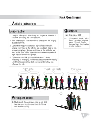 R.V.Raghavendra Rao 
Department of Biology 
Risk Continuum 
Activity Instructions 
Participant Action 
1. Starting with the participant most at risk (left) 
have each person choose a Lifestyle Choice 
card without looking. 
1 
1 
1 
2 
3 
10 copies of Lifestyle Choice 
Cards, cut to form individual 
cards, (30 total). Shuffle 
them and place them in a bag 
or other container. 
Leader Action 
1. Line your participants up standing in a single row, shoulder to 
shoulder, and facing the same direction. 
2. Mark off two spots so that the line of participants are roughly 
divided into thirds. 
3. Explain that the participants now represent a continuum 
ranging from those at the left who are genetically most at risk 
for developing heart disease, and those at the right who are 
least at risk. The “thirds” represent the broader categories of 
high, medium and low risk groups. 
4. Explain that each risk group correlates with a certain 
probability of developing heart disease based on family history. 
Lifestyle choices involving diet, exercise and smoking can 
influence this risk. 
Quantities 
Per Group of 30 
 