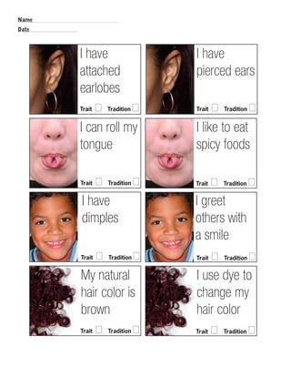 Name 
Date 
I have 
attached 
earlobes 
Trait □ Tradition □ 
I have 
pierced ears 
Trait □ Tradition □ 
I can roll my 
tongue 
I like to eat 
spicy foods 
Trait □ Tradition □ Trait □ Tradition □ 
I have 
dimples 
I greet 
others with 
a smile 
Trait □ Tradition □ Trait □ Tradition □ 
My natural 
hair color is 
brown 
I use dye to 
change my 
hair color 
Trait □ Tradition □ Trait □ Tradition □ 
 