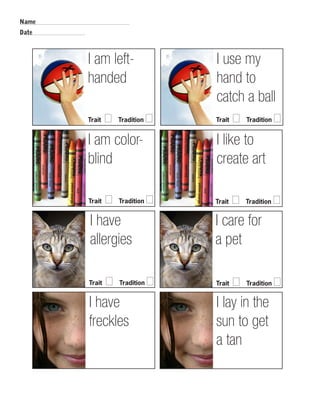 Name 
Date 
I am left-handed 
Trait □ Tradition □ 
I use my 
hand to 
catch a ball 
Trait □ Tradition □ 
I am color-blind 
I like to 
create art 
Trait □ Tradition □ Trait □ Tradition □ 
I have 
allergies 
I care for 
a pet 
Trait □ Tradition □ Trait □ Tradition □ 
I have 
freckles 
I lay in the 
sun to get 
a tan 
 