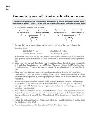 R.V.Raghavendra Rao 
Generations of Traits - Instructions 
In this activity you will track different traits (represented by colored pom-poms) through three 
generations of “Ginger People”. You will need the Generations of Traits Worksheet to follow along. 
1. With a partner, label six cups as shown: 
Grandfather A Grandmother A Grandfather B Grandmother B 
Mother Father 
2. Arrange the cups as shown above and place six pom-poms in the cups, following the 
directions below: 
Grandfather A - red Grandfather B - yellow 
Grandmother A - brown Grandmother B - green 
The colored pom-poms are the traits that each of the grandparents have. Color the pom-pom 
pictures on the Generations of Traits Worksheet to show the traits for each grandpar-ent. 
3. Close your eyes and pick three traits from Grandfather A and three traits from Grandmoth-er 
A and place them in the cup labeled Mother. These are the traits that Mother inherited 
from her parents. Color the pom-pom picture on the worksheet to show the traits Mother 
has. 
4. Close your eyes again and pick three traits from Grandfather B and three traits from 
Grandmother B, and place them in the cup labeled Father. These are the traits that Father 
inherited from his parents. Color the pom-pom picture on the worksheet to show the traits 
Father has. 
5. Mother and Father have four children: Mary, George, Elizabeth and Carl. To determine 
the traits that Mary will inherit from Mother and Father, close your eyes and take three 
pom-poms from Mother and three pom-poms from Father. Color the diagram to show the 
traits that Mary inherited. 
6. Next, return the traits that you took from Mother and Father. (Look at your diagram if you 
forget where each trait came from.) Now, close your eyes again and choose the traits that 
George will inherit (3 from Mother, 3 from Father). Color the diagram to show George’s 
traits. 
7. Return the traits you took from Mother and Father and repeat the process to find the traits 
for Elizabeth and then Carl. 
8. Answer the questions on the Generations of Traits Questions sheet. 
Name 
Date 
Department of Biology 
 