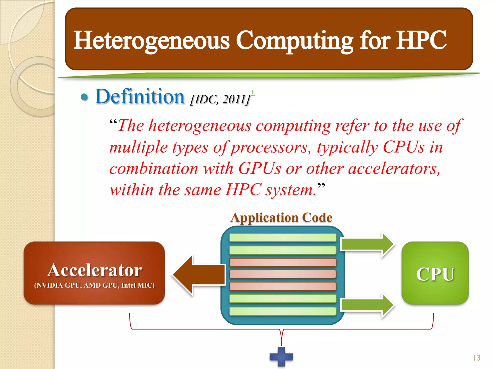     Definition [IDC, 2011]   1



                   “The heterogeneous computing refer to the use of
                   multiple types of processors, typically CPUs in
                   combination with GPUs or other accelerators,
                   within the same HPC system.”
                                   Application Code


   Accelerator                                              CPU
(NVIDIA GPU, AMD GPU, Intel MIC)




                                                                      13
 