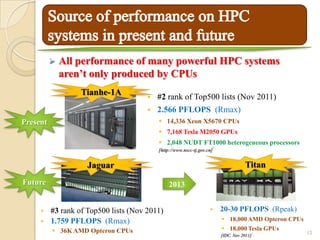    All performance of many powerful HPC systems
              aren’t only produced by CPUs
                  Tianhe-1A
                                       #2 rank of Top500 lists (Nov 2011)
                                       2.566 PFLOPS (Rmax)
Present                                  14,336 Xeon X5670 CPUs
                                         7,168 Tesla M2050 GPUs
                                         2,048 NUDT FT1000 heterogeneous processors
                                                                      5
                                        [http://www.nscc-tj.gov.cn]


                   Jaguar                                                            Titan
Future                                       2013


      #3 rank of Top500 lists (Nov 2011)                                20-30 PFLOPS (Rpeak)
      1.759 PFLOPS (Rmax)                                                 18,000 AMD Opteron CPUs
           36K AMD Opteron CPUs                                           18,000 Tesla GPUs
                                                                          [IDC, Nov 2011]
                                                                                            1         12
 