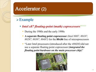  Example

  Intel x87 floating-point (math) coprocessors                          10,11,12,13




    During the 1980s and the early 1990s
    A separate floating point coprocessor (Intel 8087, 80187,
     80287, 80387, 80487) for the 80x86 line of microprocessors
    “Later Intel processors (introduced after the 486DX) did not
     use a separate floating point coprocessor (integrated the
     floating point hardware on the main processor chip)”




                                                                                       19
                    http://en.wikipedia.org/wiki/File:80386with387.JPG
 