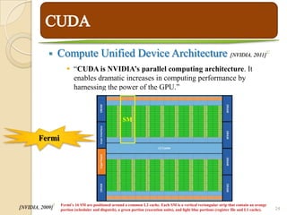         Compute Unified Device Architecture [NVIDIA, 2011]                                                                           17




                         “CUDA is NVIDIA’s parallel computing architecture. It
                          enables dramatic increases in computing performance by
                          harnessing the power of the GPU.”



                                                         SM

        Fermi




                 6   Fermi’s 16 SM are positioned around a common L2 cache. Each SM is a vertical rectangular strip that contain an orange
[NVIDIA, 2009]       portion (scheduler and dispatch), a green portion (execution units), and light blue portions (register file and L1 cache).        24
 
