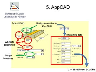 5. AppCAD
Substrate
parameters
Design
frequency
Design parameter for
𝒁𝟎 = 50 Ω
Interesting data
𝝀 = 𝟖𝟗. 𝟔𝟗𝟔𝒎𝒎 @ 𝟐 𝑮𝑯𝒛
 