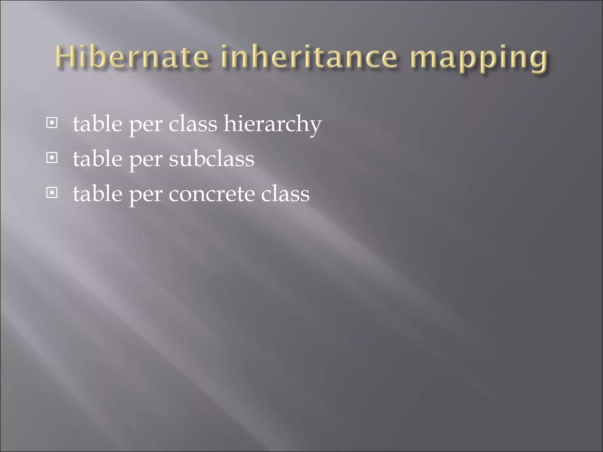 table per class hierarchy  table per subclass  table per concrete class  