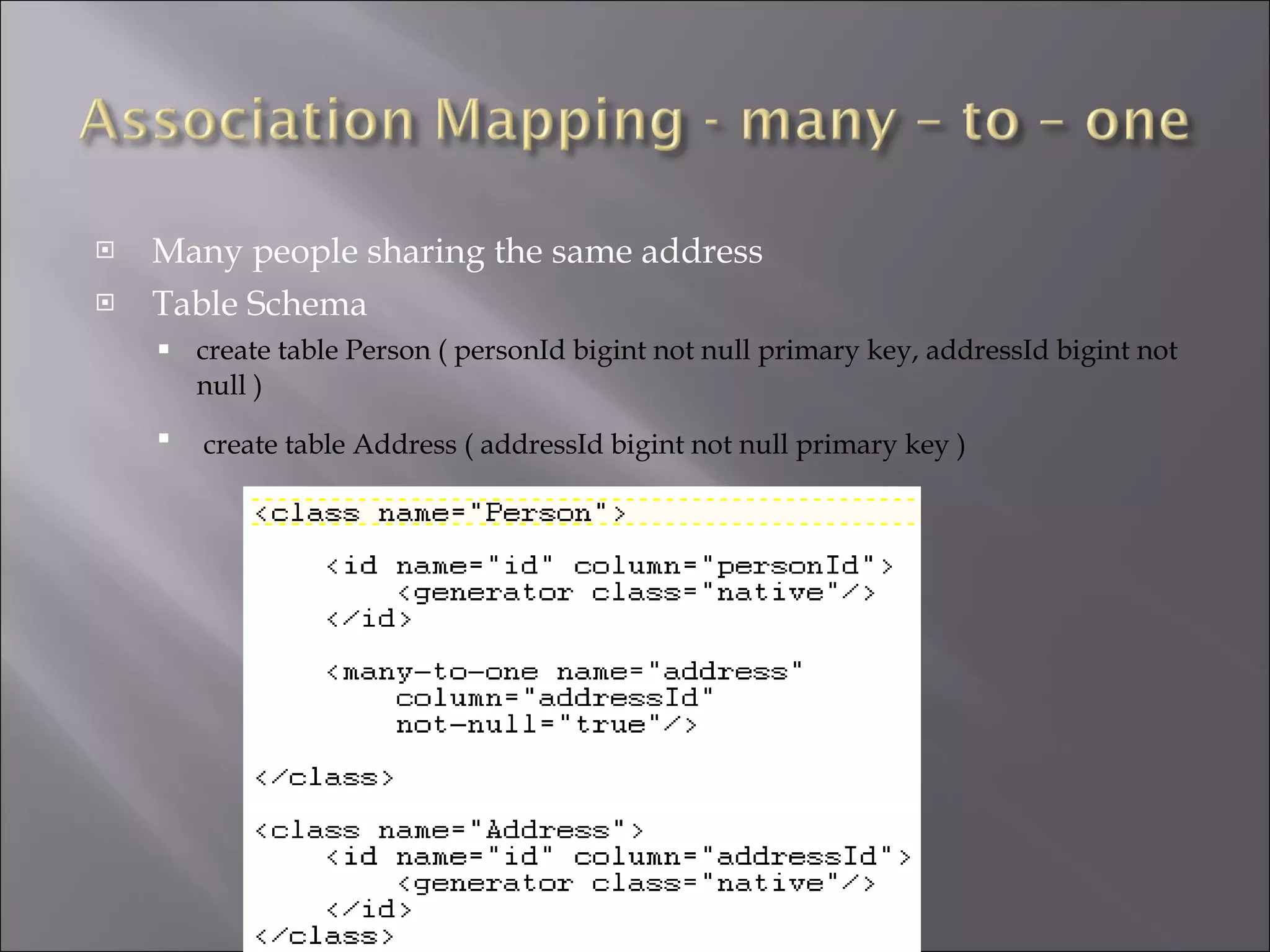 Many people sharing the same address Table Schema create table Person ( personId bigint not null primary key, addressId bigint not null ) create table Address ( addressId bigint not null primary key )   