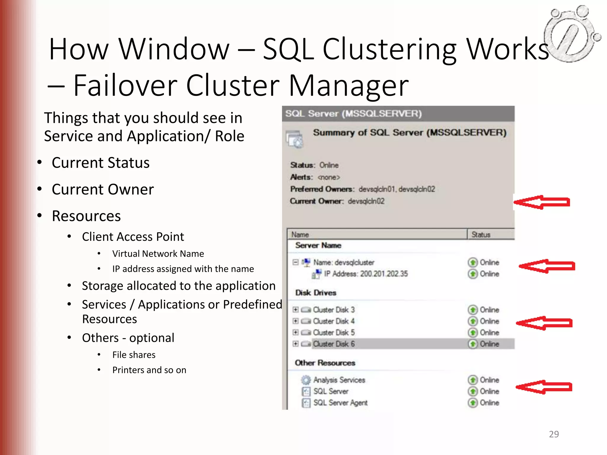 How Window – SQL Clustering Works – Failover Cluster Manager Things that you should see in Service and Application/ Role • Current Status • Current Owner • Resources • Client Access Point • Virtual Network Name • IP address assigned with the name • Storage allocated to the application • Services / Applications or Predefined Resources • Others - optional • File shares • Printers and so on 29 