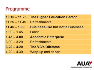 Programme
10.10 – 11.25 The Higher Education Sector
11.25 – 11.45 Refreshments
11.45 – 1.00 Business-like but not a Business
1.00 – 1.45 Lunch
1.45 – 3.00 Academic Enterprise
3.00 – 3.20 Refreshments
3.20 – 4.20 The VC’s Dilemma
4.20 – 4.30 Wrap-up and depart
 