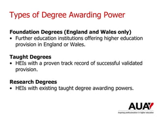 Types of Degree Awarding Power
Foundation Degrees (England and Wales only)
• Further education institutions offering higher education
provision in England or Wales.
Taught Degrees
• HEIs with a proven track record of successful validated
provision.
Research Degrees
• HEIs with existing taught degree awarding powers.
Understanding Higher Education: The One Day Nutshell
 