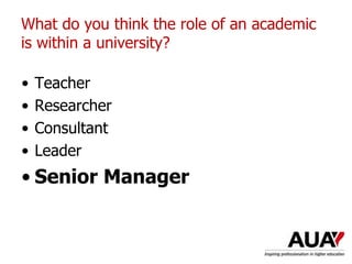 • Teacher
• Researcher
• Consultant
• Leader
• Senior Manager
What do you think the role of an academic
is within a university?
 