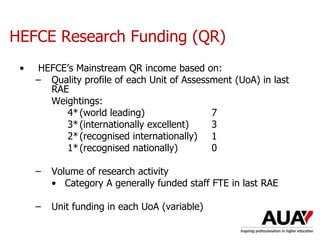 HEFCE Research Funding (QR)
• HEFCE’s Mainstream QR income based on:
– Quality profile of each Unit of Assessment (UoA) in last
RAE
Weightings:
4*(world leading) 7
3*(internationally excellent) 3
2*(recognised internationally) 1
1*(recognised nationally) 0
– Volume of research activity
• Category A generally funded staff FTE in last RAE
– Unit funding in each UoA (variable)
 