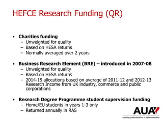 HEFCE Research Funding (QR)
• Charities funding
– Unweighted for quality
– Based on HESA returns
– Normally averaged over 2 years
• Business Research Element (BRE) – introduced in 2007-08
– Unweighted for quality
– Based on HESA returns
– 2014-15 allocations based on average of 2011-12 and 2012-13
Research Income from UK industry, commerce and public
corporations
• Research Degree Programme student supervision funding
– Home/EU students in years 1-3 only
– Returned annually in RAS
 