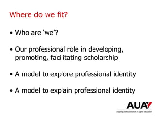 Where do we fit?
• Who are ‘we’?
• Our professional role in developing,
promoting, facilitating scholarship
• A model to explore professional identity
• A model to explain professional identity
Understanding Higher Education: The One Day Nutshell
 