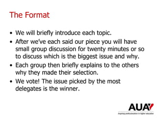 The Format
• We will briefly introduce each topic.
• After we’ve each said our piece you will have
small group discussion for twenty minutes or so
to discuss which is the biggest issue and why.
• Each group then briefly explains to the others
why they made their selection.
• We vote! The issue picked by the most
delegates is the winner.
Understanding Higher Education: The One Day Nutshell
 