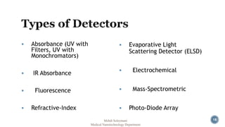  Absorbance (UV with 
Filters, UV with 
Monochromators) 
 IR Absorbance 
 Fluorescence 
 Refractive-Index 
 Evaporative Light 
Scattering Detector (ELSD) 
 Electrochemical 
 Mass-Spectrometric 
 Photo-Diode Array 
Mehdi Soleymani 18 
Medical Nanotechnology Department 
 