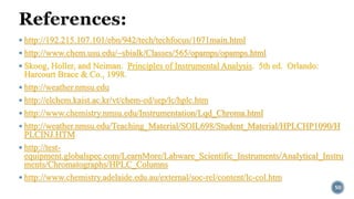 50 
 http://192.215.107.101/ebn/942/tech/techfocus/1071main.html 
 http://www.chem.usu.edu/~sbialk/Classes/565/opamps/opamps.html 
 Skoog, Holler, and Neiman. Principles of Instrumental Analysis. 5th ed. Orlando: 
Harcourt Brace & Co., 1998. 
 http://weather.nmsu.edu 
 http://elchem.kaist.ac.kr/vt/chem-ed/sep/lc/hplc.htm 
 http://www.chemistry.nmsu.edu/Instrumentation/Lqd_Chroma.html 
 http://weather.nmsu.edu/Teaching_Material/SOIL698/Student_Material/HPLCHP1090/H 
PLCINJ.HTM 
 http://test-equipment. 
globalspec.com/LearnMore/Labware_Scientific_Instruments/Analytical_Instru 
ments/Chromatographs/HPLC_Columns 
 http://www.chemistry.adelaide.edu.au/external/soc-rel/content/lc-col.htm 
