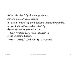 • As “anti-tussives” Eg: diphenhydramine.
• As “anti-emetic” Eg: meclizine
• In “parkinsonism” Eg: promethazine , diphenhydramine.
• In drug induced “acute dystonias” Eg:
diphenhydramine,promethazine.
• To treat “motion & morning sickness” Eg:
cyclizine,promethazine.
• To treat “vertigo” conditions Eg: cinnarizine
20-12-2017 UDPS,RTMN University,Nagpur 29
 