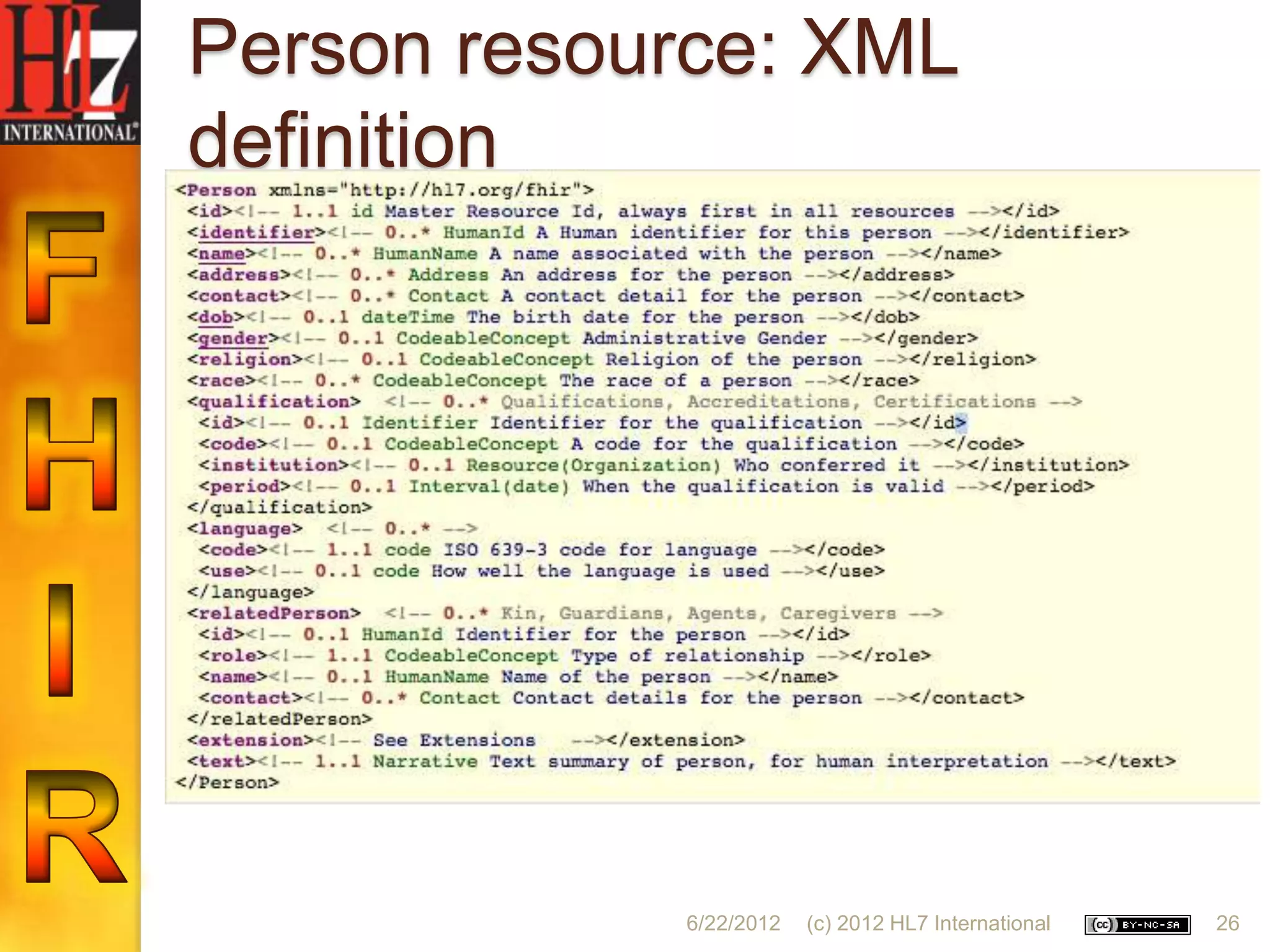 Person resource: XML
definition




            6/22/2012   (c) 2012 HL7 International   26
 
