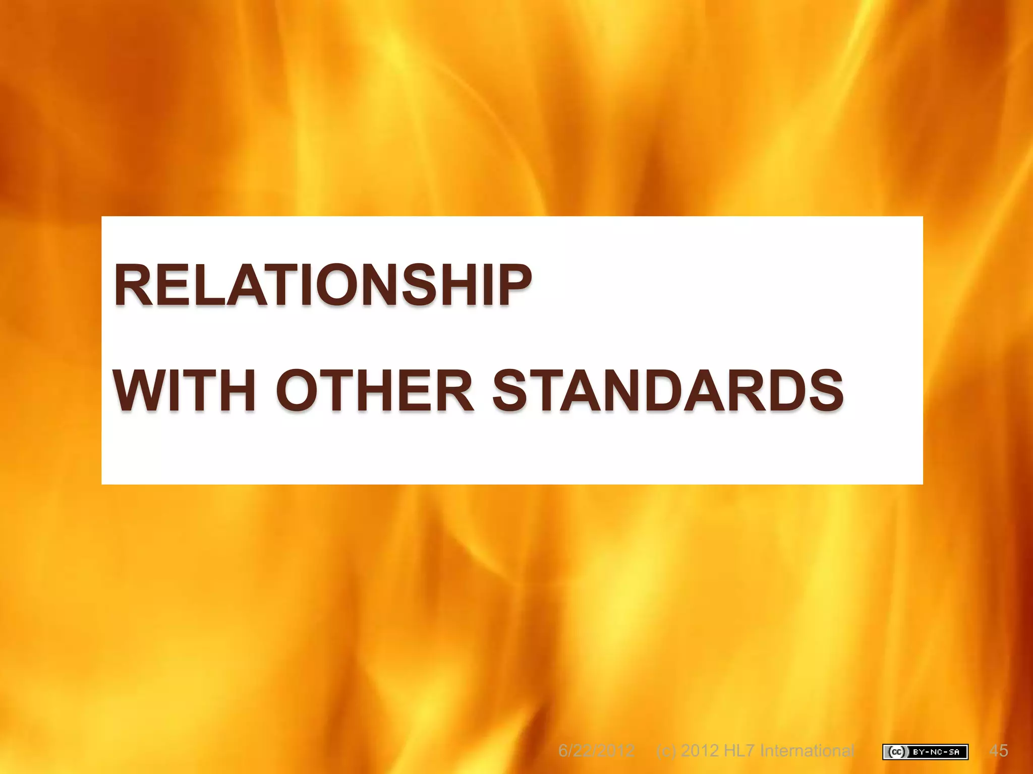 RELATIONSHIP
WITH OTHER STANDARDS




               6/22/2012   (c) 2012 HL7 International   45
 