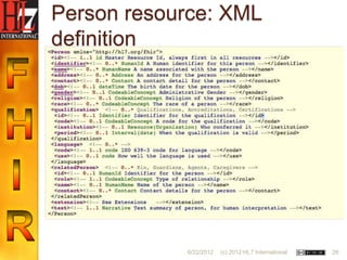 Person resource: XML
definition




            6/22/2012   (c) 2012 HL7 International   26
 