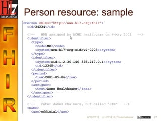 Person resource: sample




             6/22/2012   (c) 2012 HL7 International   27
 