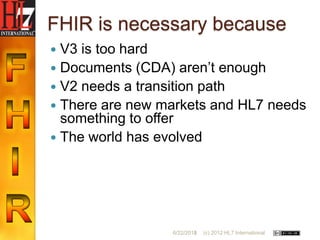 FHIR is necessary because
 V3 is too hard
 Documents (CDA) aren‟t enough
 V2 needs a transition path
 There are new markets and HL7 needs
  something to offer
 The world has evolved




                 6/22/2012
                         5   (c) 2012 HL7 International
 