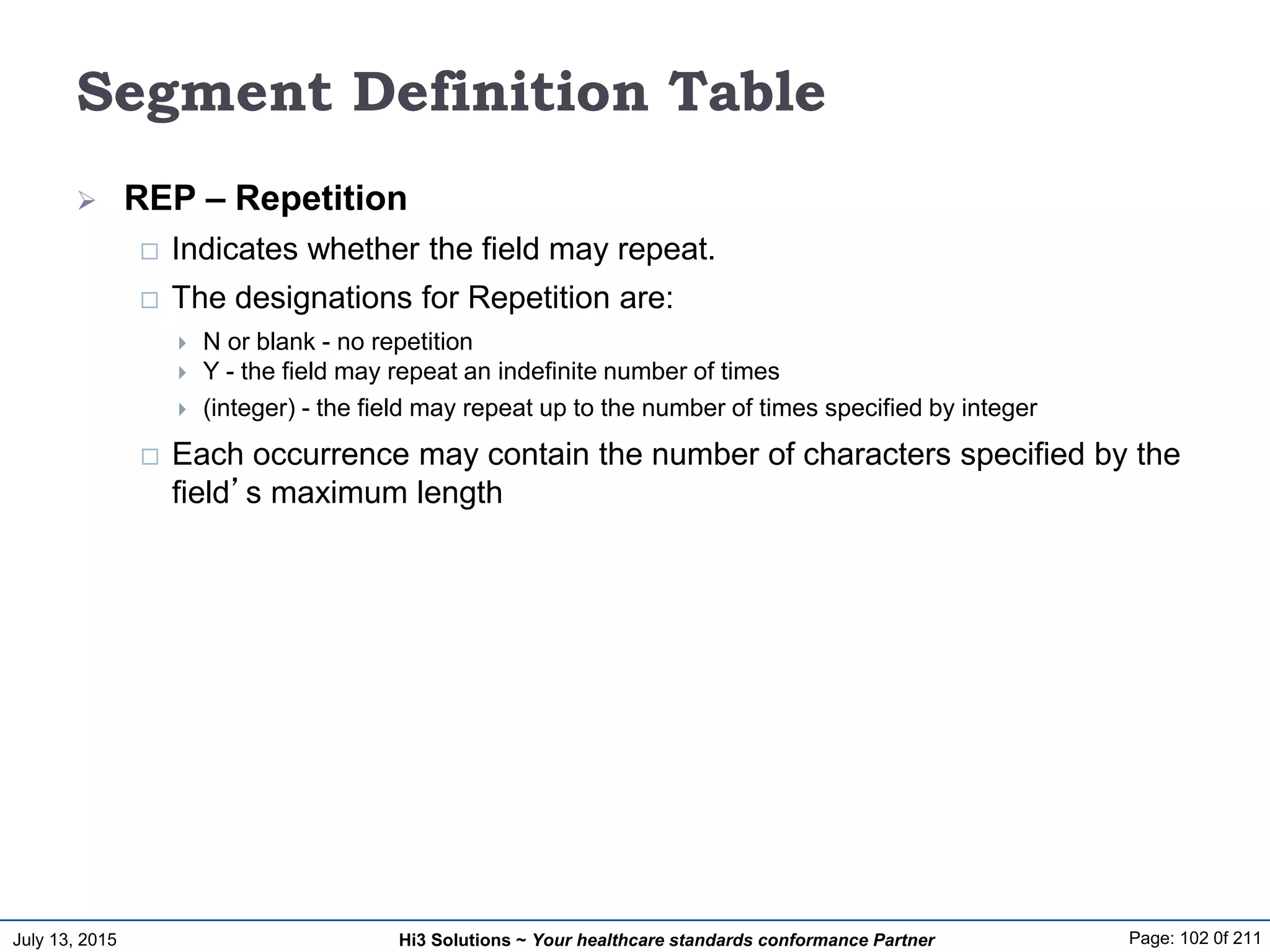 July 13, 2015 Page: 102 0f 211Hi3 Solutions ~ Your healthcare standards conformance Partner
Segment Definition Table
 REP – Repetition
 Indicates whether the field may repeat.
 The designations for Repetition are:
 N or blank - no repetition
 Y - the field may repeat an indefinite number of times
 (integer) - the field may repeat up to the number of times specified by integer
 Each occurrence may contain the number of characters specified by the
field’s maximum length
 