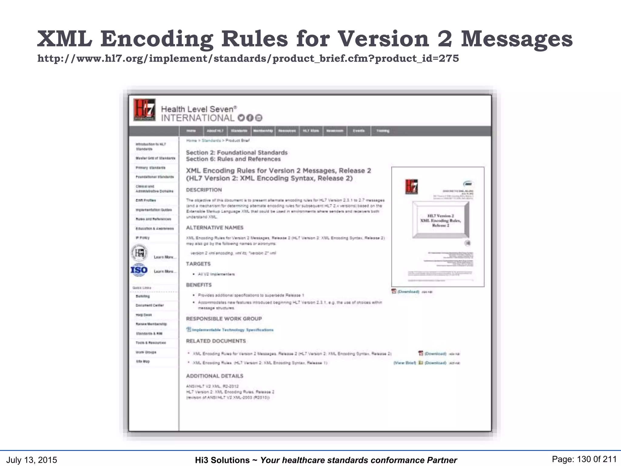 July 13, 2015 Page: 130 0f 211Hi3 Solutions ~ Your healthcare standards conformance Partner
XML Encoding Rules for Version 2 Messages
http://www.hl7.org/implement/standards/product_brief.cfm?product_id=275
 