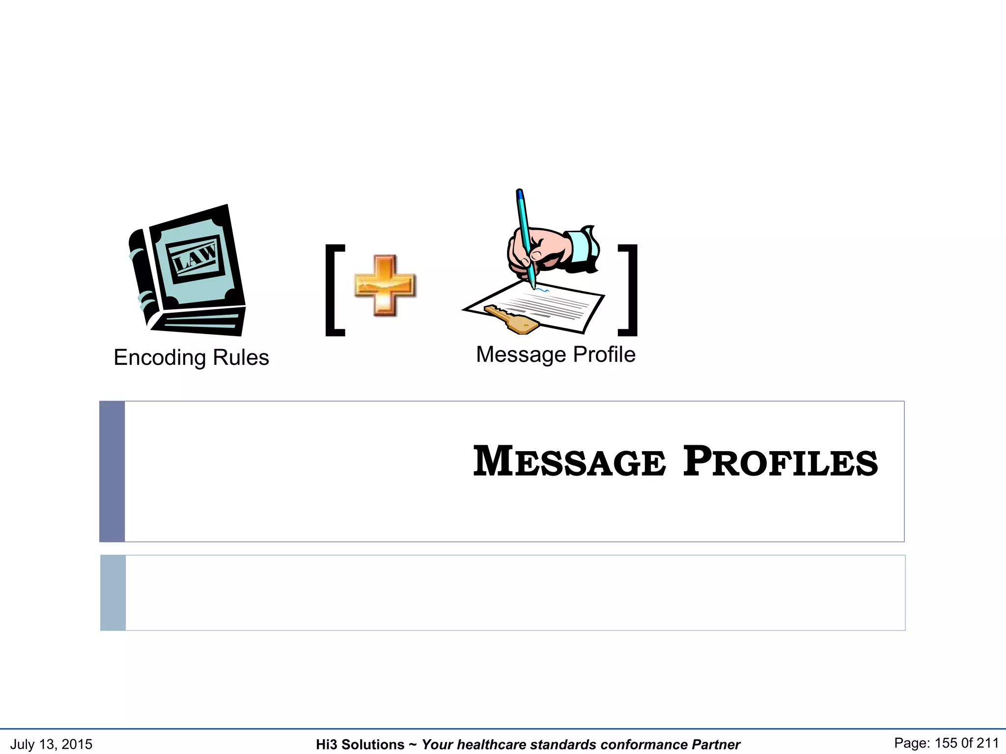 July 13, 2015 Page: 155 0f 211Hi3 Solutions ~ Your healthcare standards conformance Partner
MESSAGE PROFILES
Message Profile
[ ]Encoding Rules
 