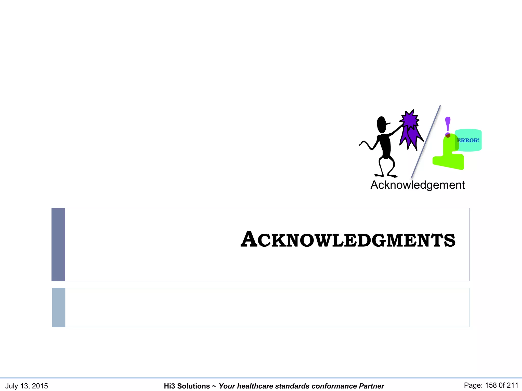 July 13, 2015 Page: 158 0f 211Hi3 Solutions ~ Your healthcare standards conformance Partner
ACKNOWLEDGMENTS
Acknowledgement
 