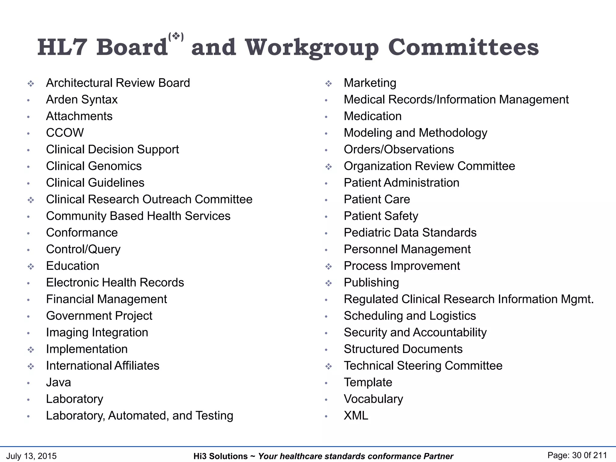 July 13, 2015 Page: 30 0f 211Hi3 Solutions ~ Your healthcare standards conformance Partner
HL7 Board
()
and Workgroup Committees
 Architectural Review Board
• Arden Syntax
• Attachments
• CCOW
• Clinical Decision Support
• Clinical Genomics
• Clinical Guidelines
 Clinical Research Outreach Committee
• Community Based Health Services
• Conformance
• Control/Query
 Education
• Electronic Health Records
• Financial Management
• Government Project
• Imaging Integration
 Implementation
 International Affiliates
• Java
• Laboratory
• Laboratory, Automated, and Testing
 Marketing
• Medical Records/Information Management
• Medication
• Modeling and Methodology
• Orders/Observations
 Organization Review Committee
• Patient Administration
• Patient Care
• Patient Safety
• Pediatric Data Standards
• Personnel Management
 Process Improvement
 Publishing
• Regulated Clinical Research Information Mgmt.
• Scheduling and Logistics
• Security and Accountability
• Structured Documents
 Technical Steering Committee
• Template
• Vocabulary
• XML
 