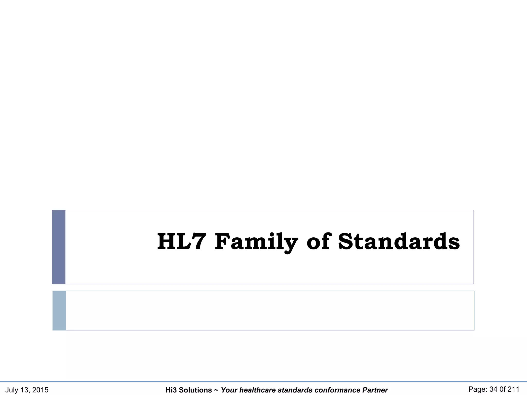 July 13, 2015 Page: 34 0f 211Hi3 Solutions ~ Your healthcare standards conformance Partner
HL7 Family of Standards
 