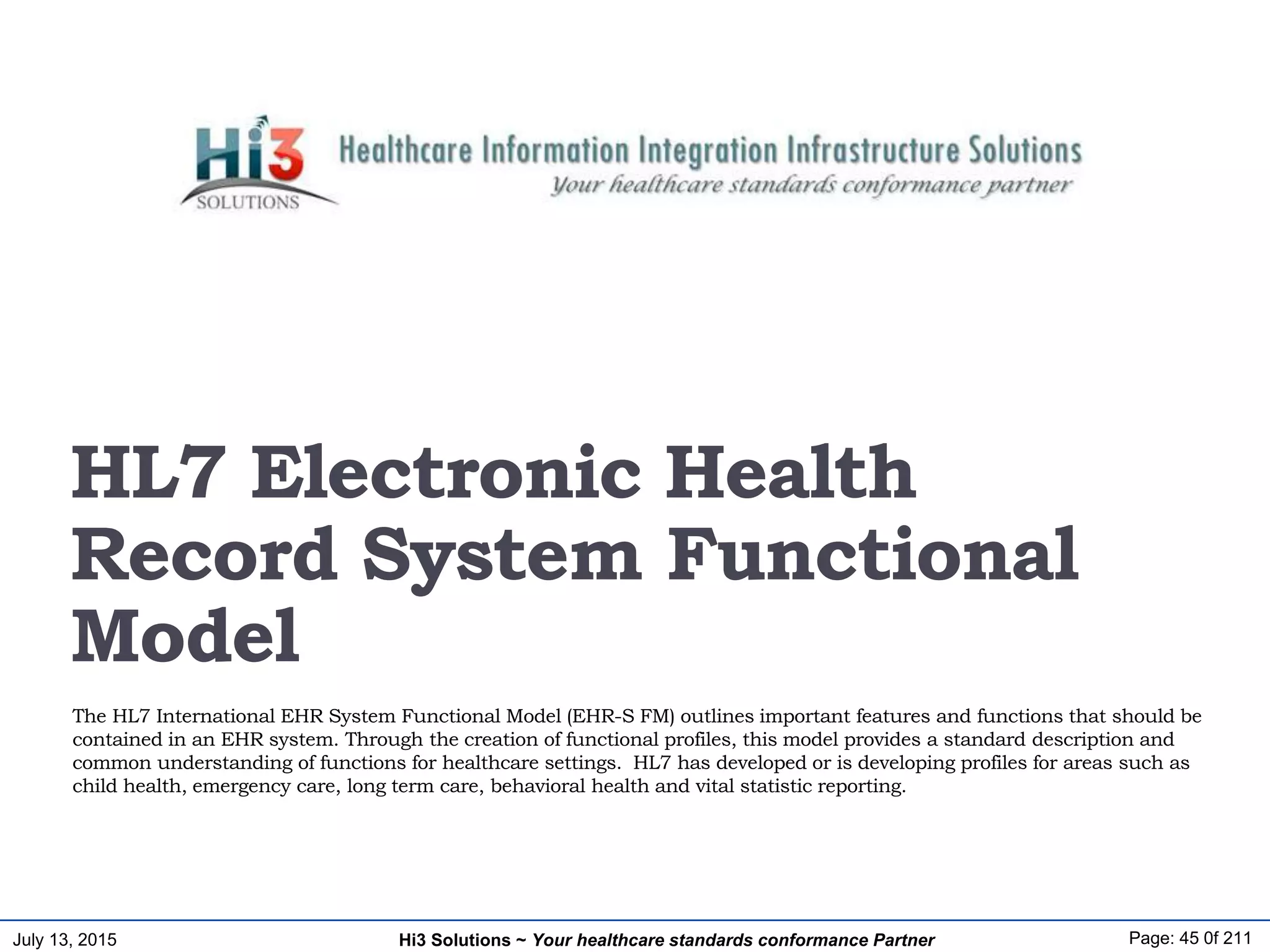 July 13, 2015 Page: 45 0f 211Hi3 Solutions ~ Your healthcare standards conformance Partner
The HL7 International EHR System Functional Model (EHR-S FM) outlines important features and functions that should be
contained in an EHR system. Through the creation of functional profiles, this model provides a standard description and
common understanding of functions for healthcare settings. HL7 has developed or is developing profiles for areas such as
child health, emergency care, long term care, behavioral health and vital statistic reporting.
HL7 Electronic Health
Record System Functional
Model
 