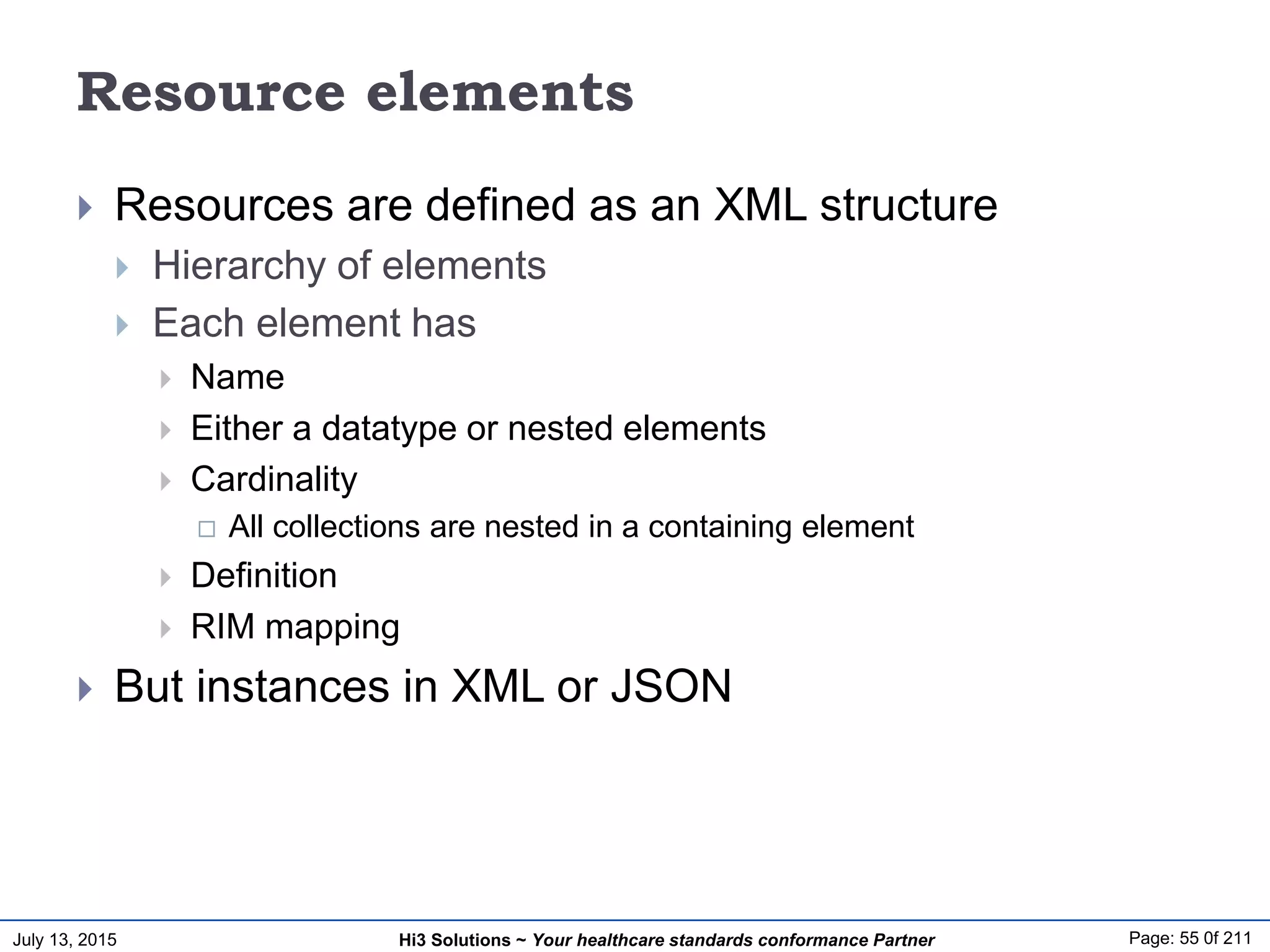 July 13, 2015 Page: 55 0f 211Hi3 Solutions ~ Your healthcare standards conformance Partner
Resource elements
 Resources are defined as an XML structure
 Hierarchy of elements
 Each element has
 Name
 Either a datatype or nested elements
 Cardinality
 All collections are nested in a containing element
 Definition
 RIM mapping
 But instances in XML or JSON
 