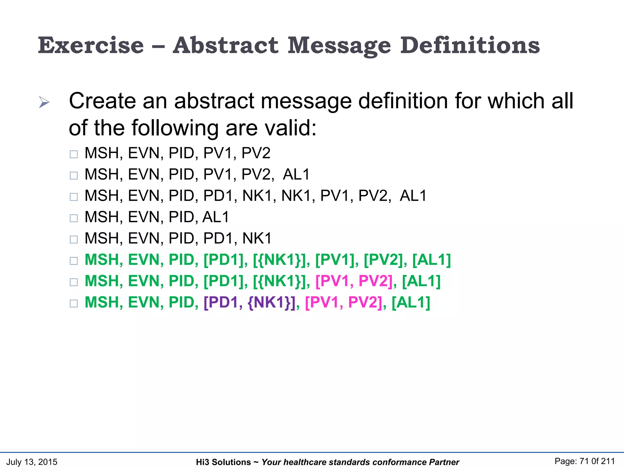 July 13, 2015 Page: 71 0f 211Hi3 Solutions ~ Your healthcare standards conformance Partner
Exercise – Abstract Message Definitions
 Create an abstract message definition for which all
of the following are valid:
 MSH, EVN, PID, PV1, PV2
 MSH, EVN, PID, PV1, PV2, AL1
 MSH, EVN, PID, PD1, NK1, NK1, PV1, PV2, AL1
 MSH, EVN, PID, AL1
 MSH, EVN, PID, PD1, NK1
 MSH, EVN, PID, [PD1], [{NK1}], [PV1], [PV2], [AL1]
 MSH, EVN, PID, [PD1], [{NK1}], [PV1, PV2], [AL1]
 MSH, EVN, PID, [PD1, {NK1}], [PV1, PV2], [AL1]
 