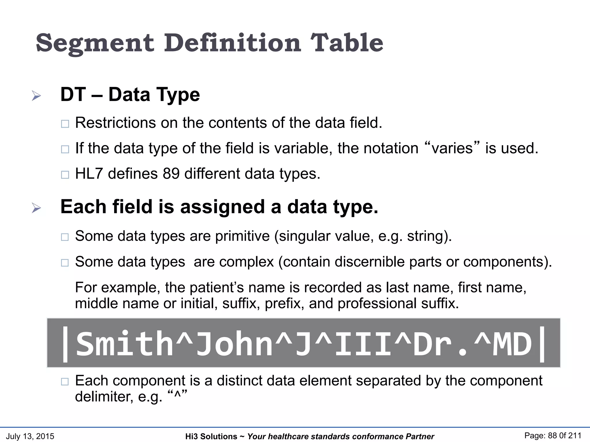 July 13, 2015 Page: 88 0f 211Hi3 Solutions ~ Your healthcare standards conformance Partner
Segment Definition Table
 DT – Data Type
 Restrictions on the contents of the data field.
 If the data type of the field is variable, the notation “varies” is used.
 HL7 defines 89 different data types.
 Each field is assigned a data type.
 Some data types are primitive (singular value, e.g. string).
 Some data types are complex (contain discernible parts or components).
For example, the patient’s name is recorded as last name, first name,
middle name or initial, suffix, prefix, and professional suffix.
 Each component is a distinct data element separated by the component
delimiter, e.g. “^”
|Smith^John^J^III^Dr.^MD|
 