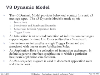 July 14, 2015 Page: 158 of 521Hi3 Solutions ~ Your healthcare standards conformance Partner
V3 Dynamic Model
 The v3 Dynamic Model provides behavioral context for static v3
message types. The v3 Dynamic Model is made up of:
1. Interactions
2. Storyboards and Storyboard Examples
3. Sender and Receiver Application Roles
4. Trigger Events
 An Interaction is an ordered collection of information exchanges
supporting one or more Use Cases outlined in a Storyboard.
 Interactions are initiated by a single Trigger Event and are
associated with one or more Application Roles.
 An Application Role is a collection of interaction exchanges. It
defines a generic interface specification to which a particular
healthcare application can conform.
 A UML sequence diagram is used to document application roles
and interactions.
 