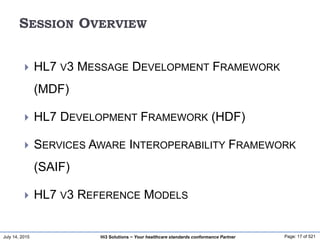 July 14, 2015 Page: 17 of 521Hi3 Solutions ~ Your healthcare standards conformance Partner
SESSION OVERVIEW
 HL7 V3 MESSAGE DEVELOPMENT FRAMEWORK
(MDF)
 HL7 DEVELOPMENT FRAMEWORK (HDF)
 SERVICES AWARE INTEROPERABILITY FRAMEWORK
(SAIF)
 HL7 V3 REFERENCE MODELS
 