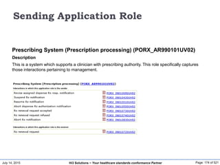 July 14, 2015 Page: 174 of 521Hi3 Solutions ~ Your healthcare standards conformance Partner
Sending Application Role
Prescribing System (Prescription processing) (PORX_AR990101UV02)
Description
This is a system which supports a clinician with prescribing authority. This role specifically captures
those interactions pertaining to management.
 
